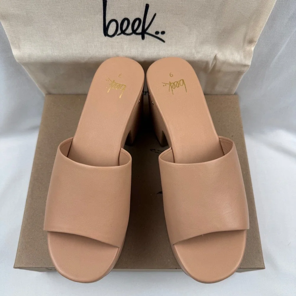 BEEK Ibis Beach Leather‎ Platform Sandals Tan Brazil Block Heel Slide Womens 9